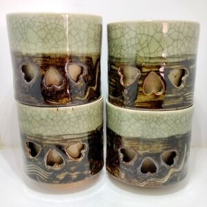 1940s Somayaki Double Wall Motif Tea Cups, Made in Japan Set Of 4